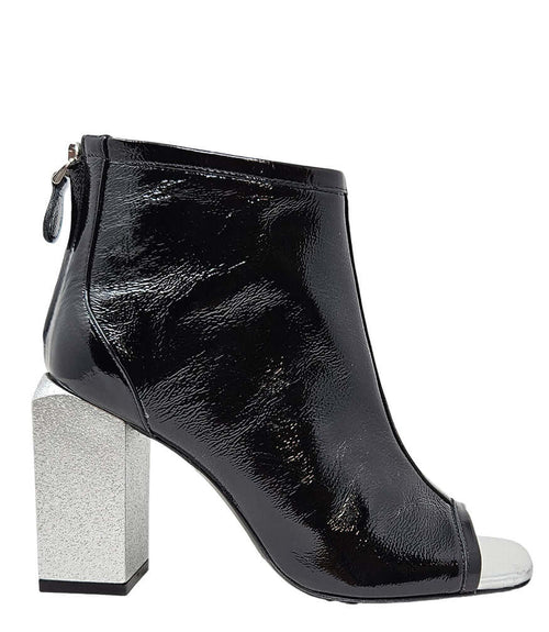 Black glossy peep-toe ankle sandal with block heel and side tie detail