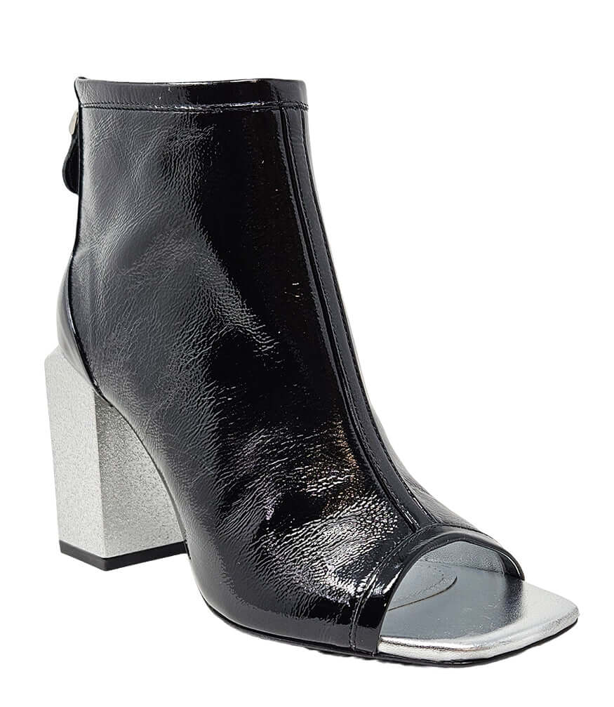 Black glossy peep-toe ankle sandal with block heel and side tie detail