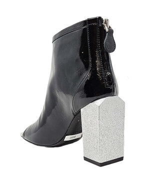 Black glossy peep-toe ankle sandal with tall block heel and back zipper