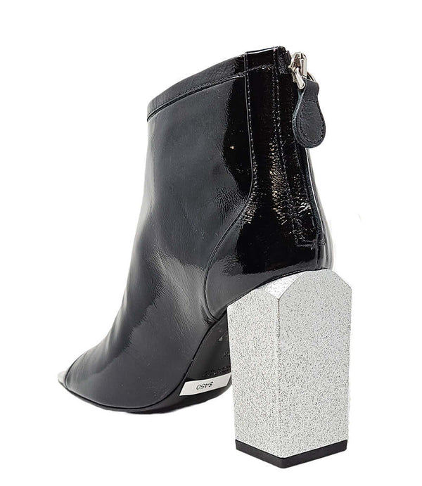 Black glossy peep-toe ankle sandal with tall block heel and back zipper