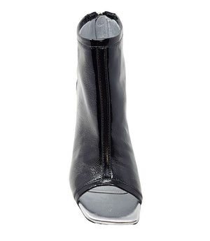 Black glossy peep-toe ankle sandal with block heel, open front and strap
