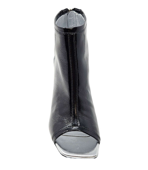 Black glossy peep-toe ankle sandal with block heel, open front and strap