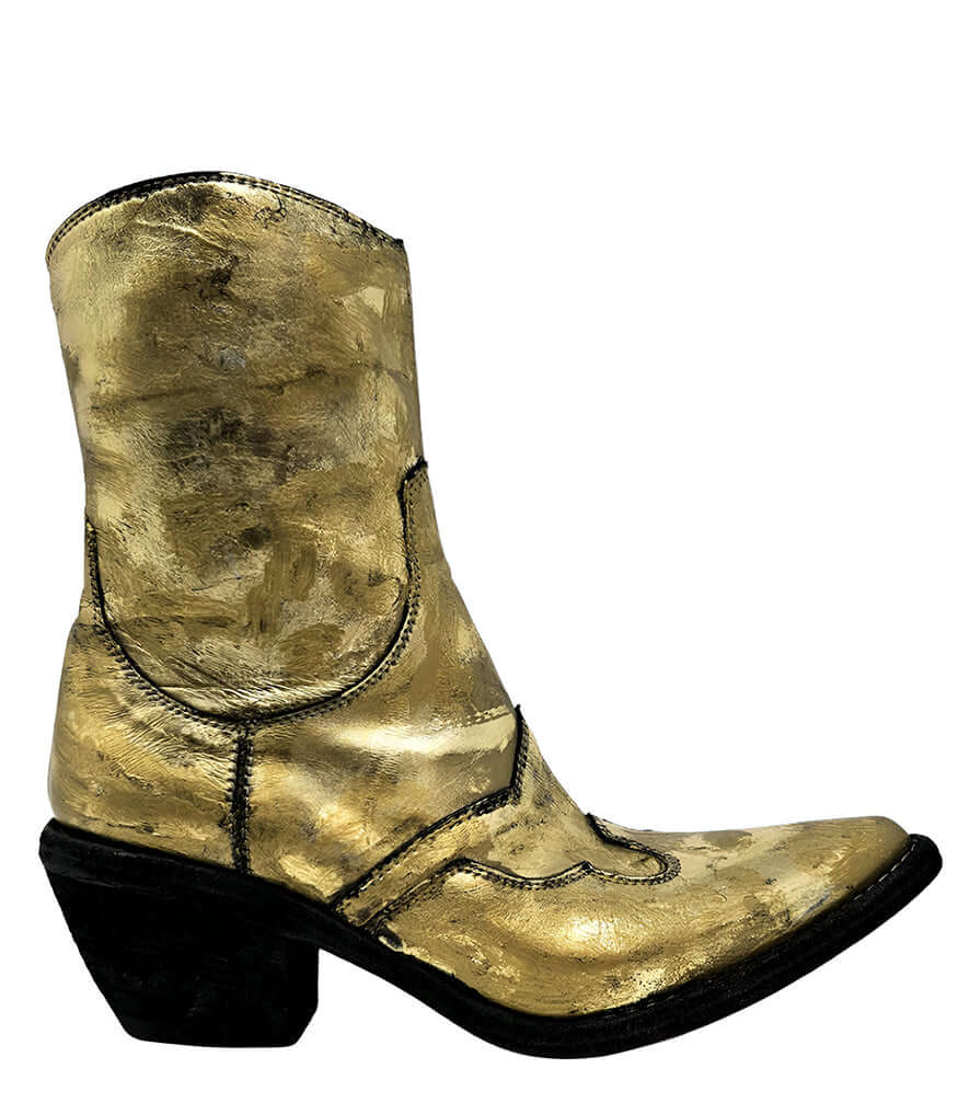Gold laminated pointy-toe ankle boot, black block heel, side zipper