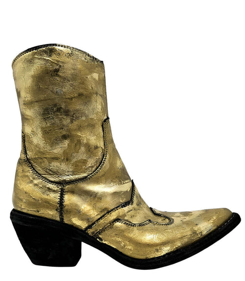 Gold laminated pointy-toe ankle boot, black block heel, side zipper