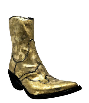 Gold laminated pointy-toe ankle boot, black block heel, curved stitched design