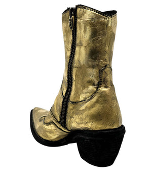 Gold laminated ankle boot with side zipper and black block heel, curved panel stitching