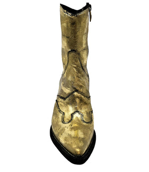 Gold laminated ankle boot with pointed toe, side zipper, black sole and block heel