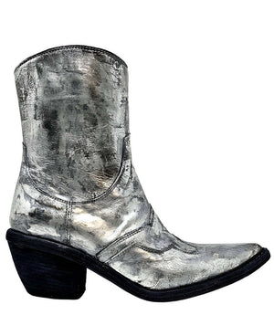 Silver metallic ankle boot with pointy toe, chunky stacked heel
