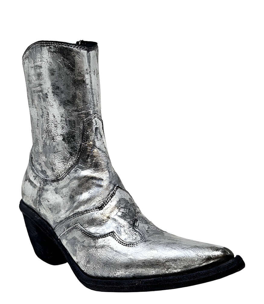 Silver metallic ankle boot with pointy toe, chunky stacked heel