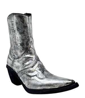 Silver metallic ankle boot with pointy toe and side seam, chunky heel