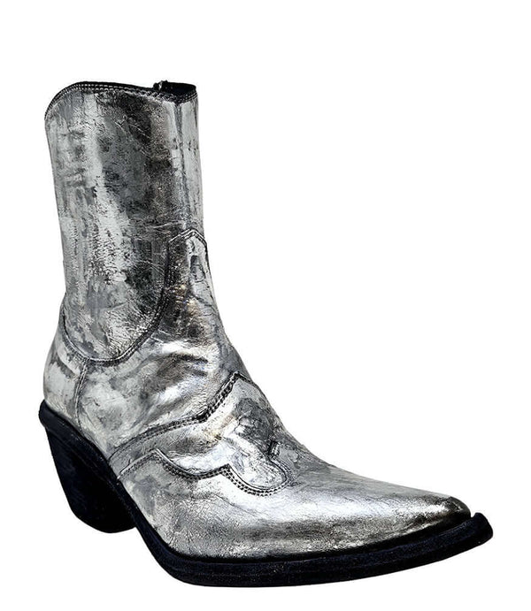 Silver metallic ankle boot with pointy toe and side seam, chunky heel