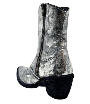 Silver metallic ankle boot with zip closure and pointy toe, chunky stacked heel