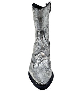 Silver metallic ankle boot with sculpted upper and pointy toe, chunky heel