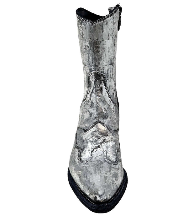 Silver metallic ankle boot with sculpted upper and pointy toe, chunky heel