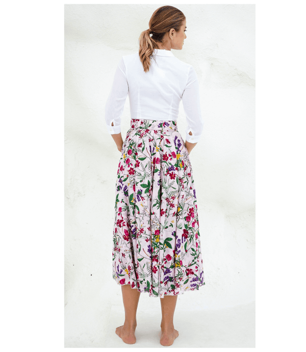 Floral midi skirt back view with gathered waistband and full pleated tiers