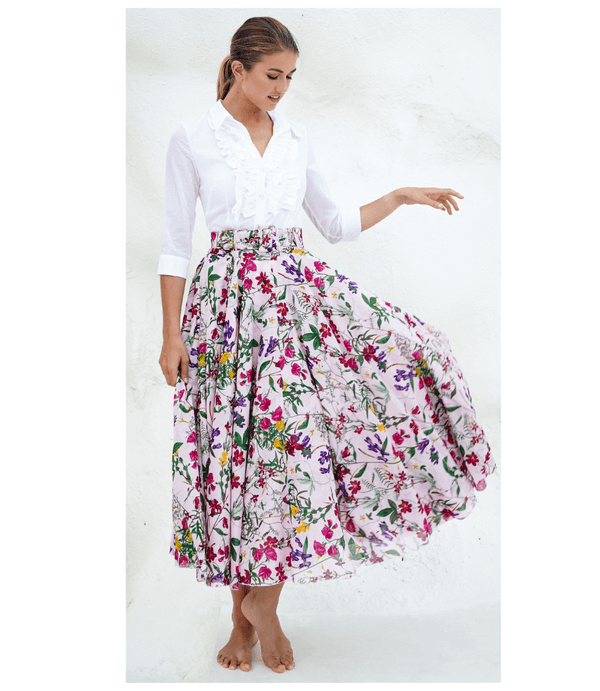 Light nude floral midi skirt with gathered waistband and full pleated tiers
