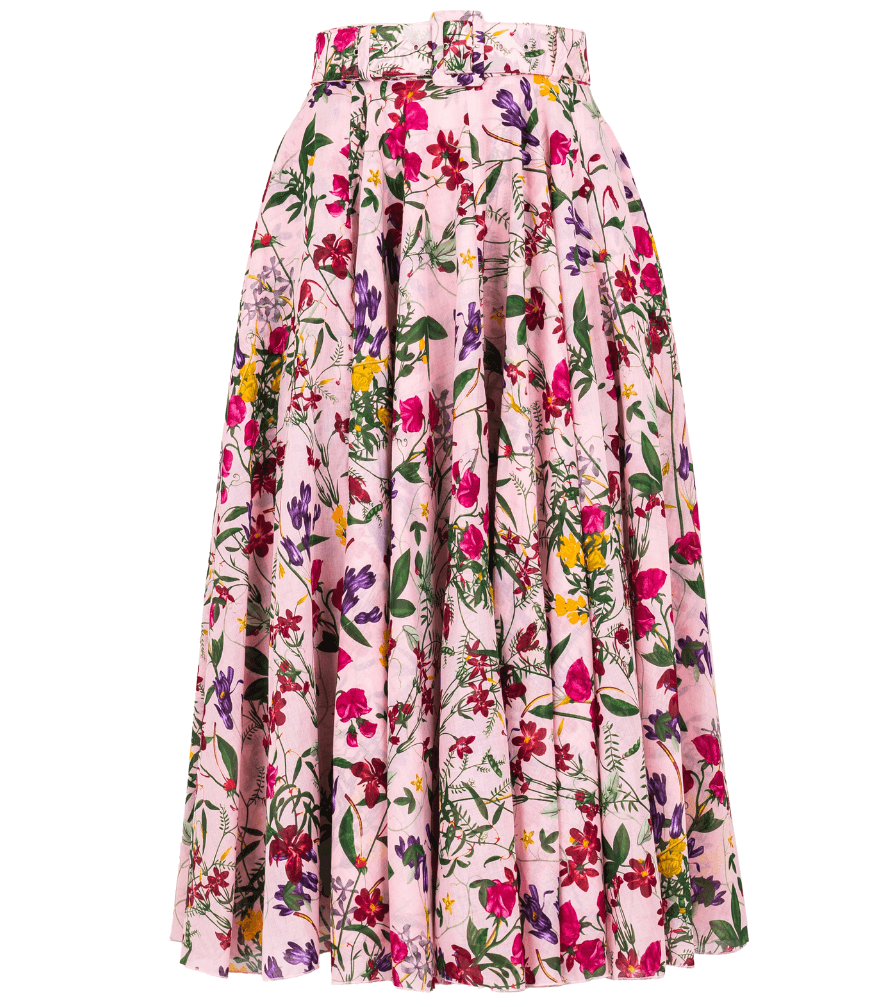 Floral midi skirt close-up: gathered waistband with pink, purple and green blooms on nude