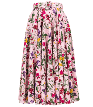 Floral midi skirt close-up: gathered waistband with pink, purple and green blooms on nude