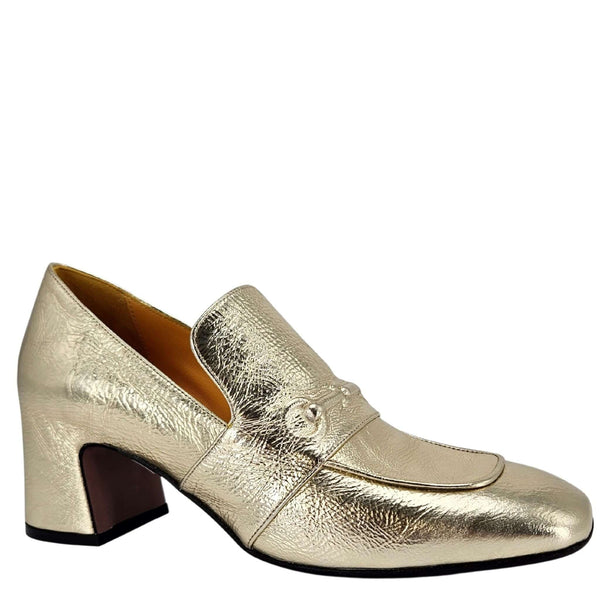 Gold metallic leather loafer with hidden bit detail, rounded toe, block heel