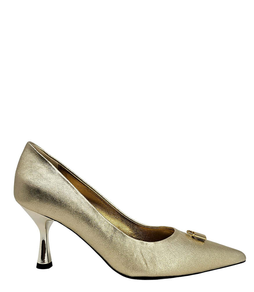 Gold metallic pointed-toe pump with slim high heel and small buckle-style lock on vamp