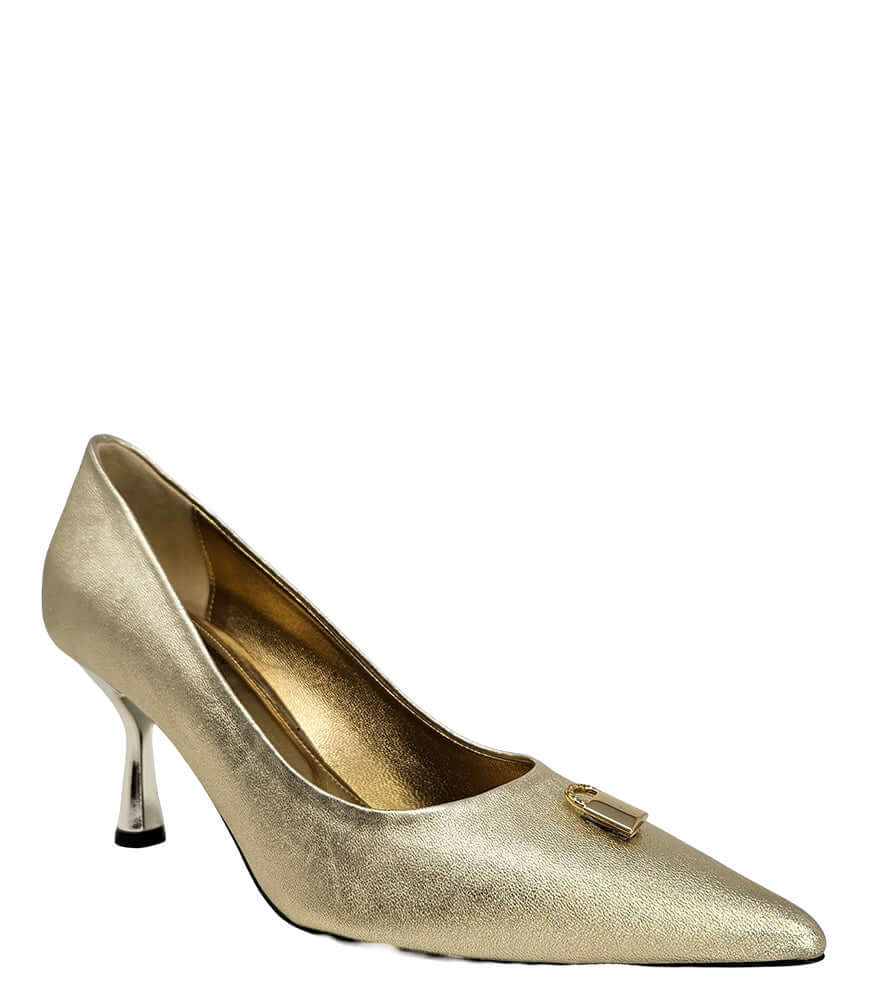 Gold metallic pointed-toe pump with slim high heel and small buckle-style lock on vamp