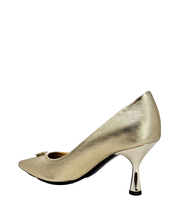 Gold metallic pointed-toe pump, angled front view, slim high heel, buckle lock detail