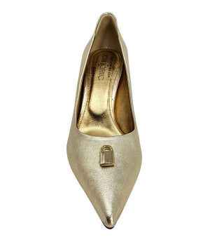 Gold metallic pointed-toe pump with heel, lock detail at front, visible insole lining