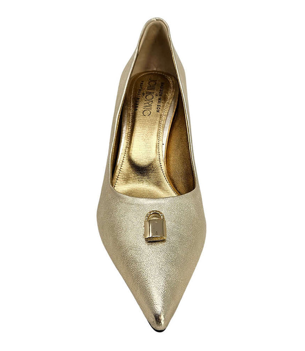 Gold metallic pointed-toe pump with heel, lock detail at front, visible insole lining