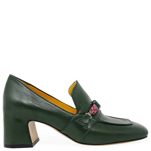Green leather mid-heel loafer with jeweled strap detail at vamp and chunky heel