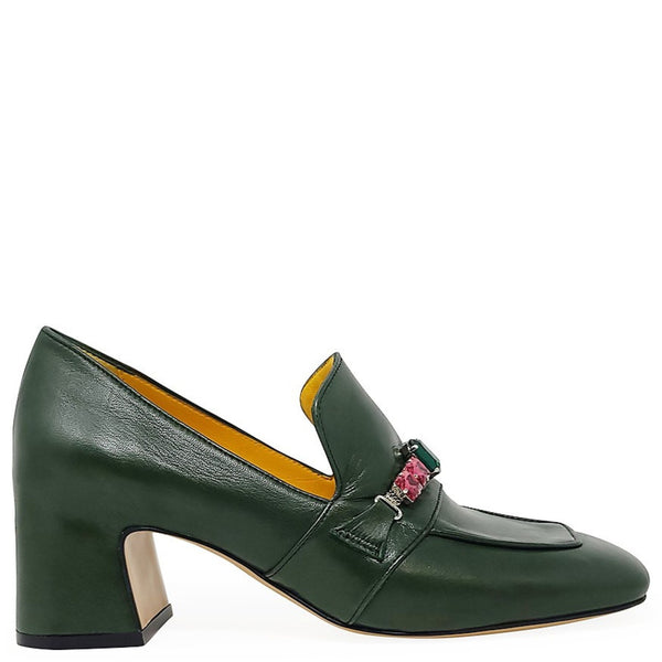 Green leather mid-heel loafer with jeweled strap detail at vamp and chunky heel
