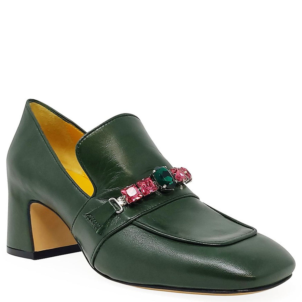Green leather mid-heel loafer with jeweled strap detail at vamp and chunky heel