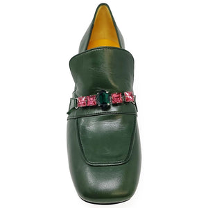 Green leather mid-heel loafer with jeweled buckle accent and moc toe stitching