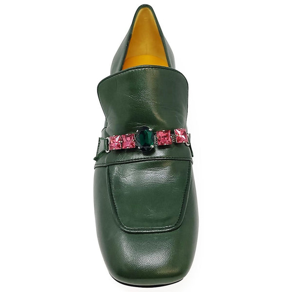 Green leather mid-heel loafer with jeweled buckle accent and moc toe stitching