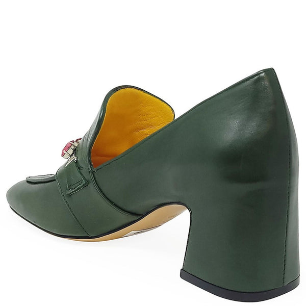 Green leather mid-heel loafer with jewel-strap ornament and elevated block heel
