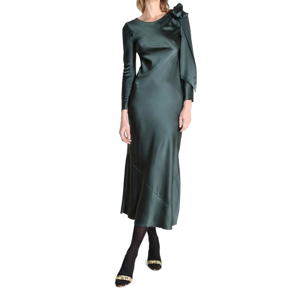 Green satin midi dress with shoulder bow detail and long sleeves