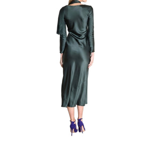 Green satin midi dress with long sleeves and ruched back neckline