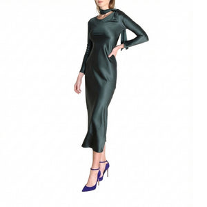 Green satin midi sheath dress with side-swept bow shoulder and long sleeves
