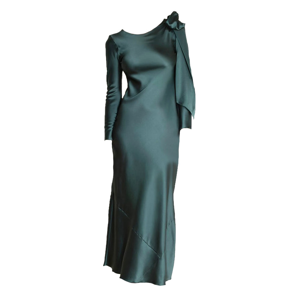 Green satin midi dress with draped bow at shoulder and long sleeves
