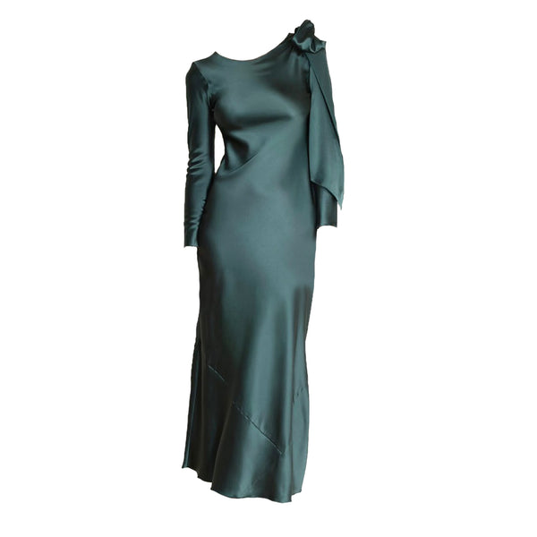 Green satin midi dress with draped bow at shoulder and long sleeves
