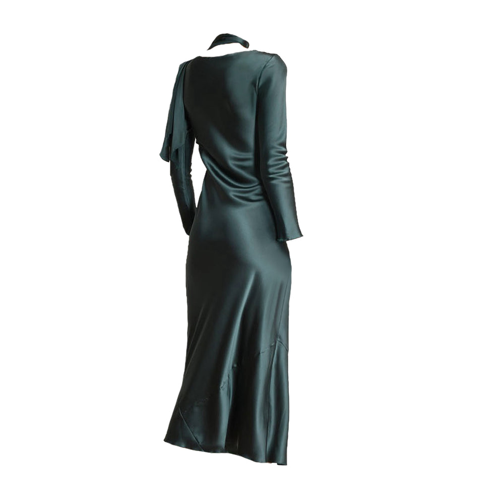Green satin midi dress with draped bow at shoulder and long sleeves