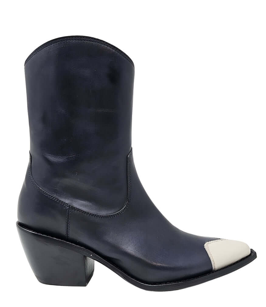 Navy ankle boot with white heart toe and chunky block heel