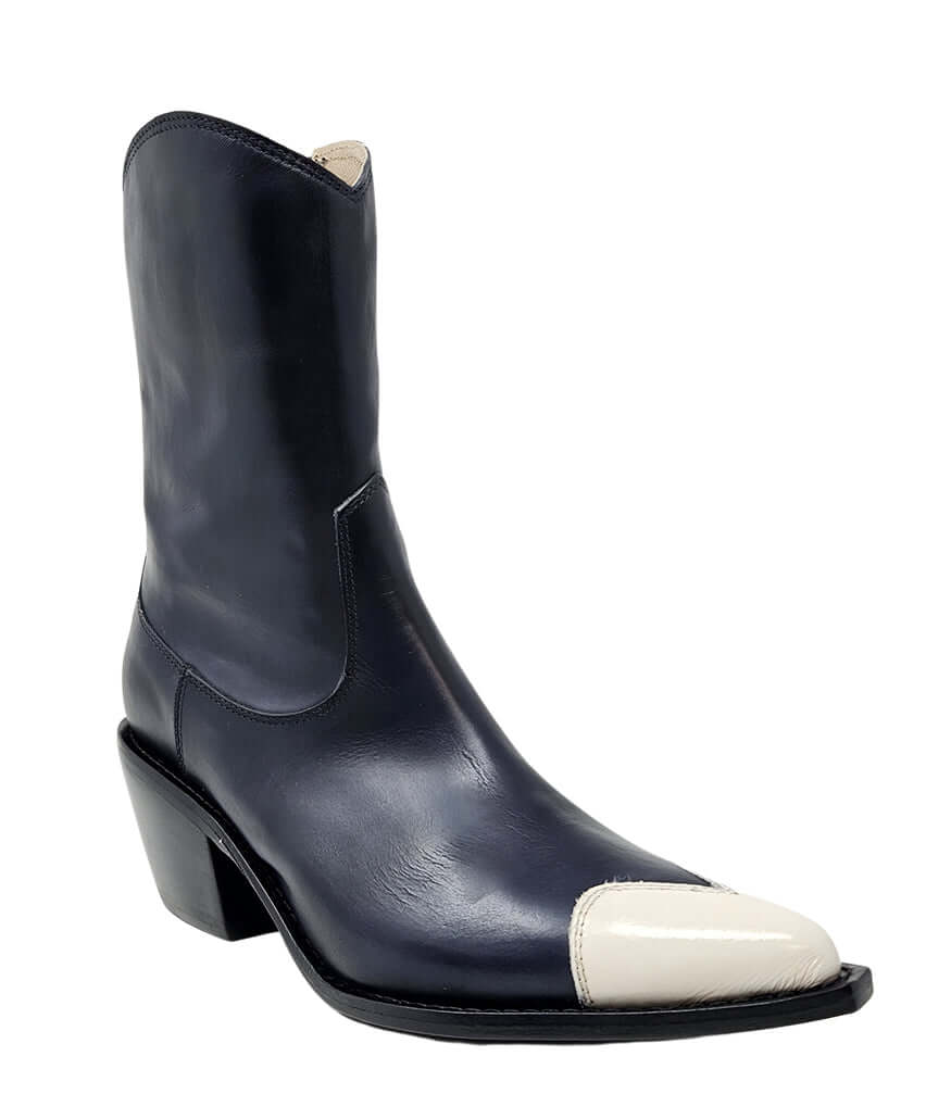Navy ankle boot with white heart toe and chunky block heel