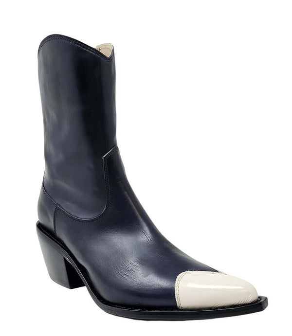 Navy ankle boot with white heart toe and mid block heel
