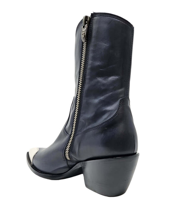 Navy ankle boot with side zipper and white heart toe, chunky heel