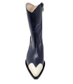 Navy ankle boot with white heart applique at front and side zipper