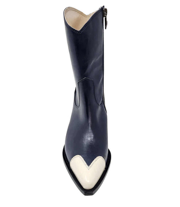 Navy ankle boot with white heart applique at front and side zipper