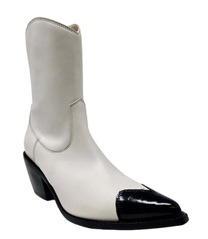 White ankle boot with black heart-shaped toe cap and mid-height chunky heel