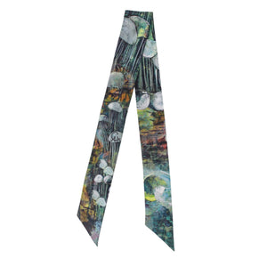 Silk twilly scarf in blue with jellyfish print, long thin necktie styling