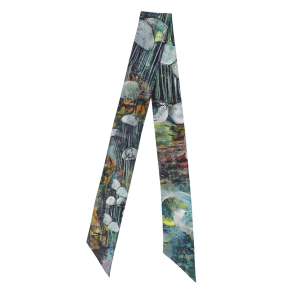 Silk twilly scarf in blue with jellyfish print, long thin necktie styling