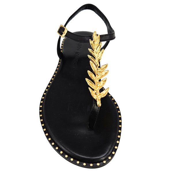 Black flat thong sandal with gold leaf strap, square buckle, and studded sole rim